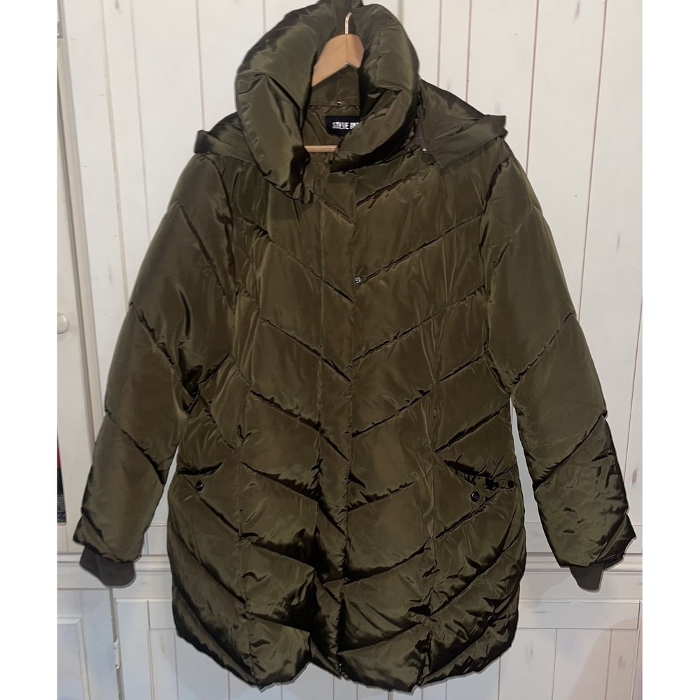 Steve Madden Womens Olive Green Puffer Coat Quilted Winter Warm 2XL Hood
